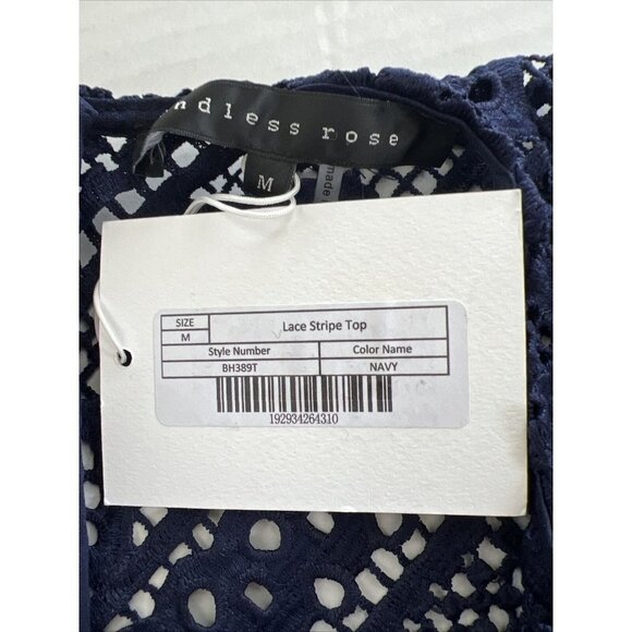 🌟NWT🌟Endless Rose Womens Medium Chevron Stripe Lace Top Shirt Blouse Navy New - Picture 11 of 12
